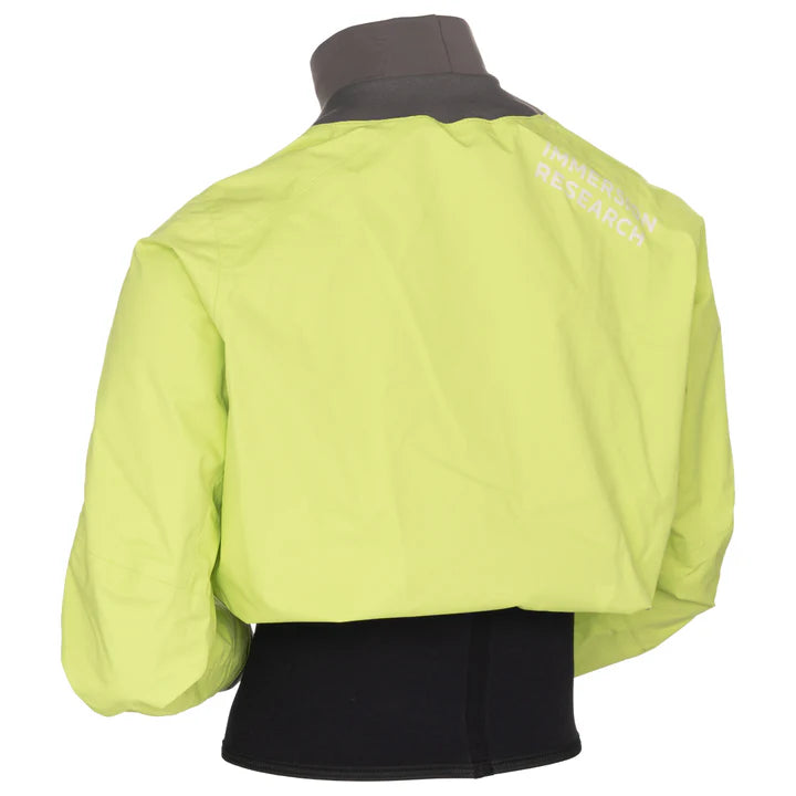 Back view of a neon green, lightweight Nano Long Sleeve Paddle Jacket with a grey collar and neoprene neck, featuring the text 'IMMERSION RESEARCH' on the upper back. The Immersion Research breathable shell jacket is displayed on a mannequin torso.