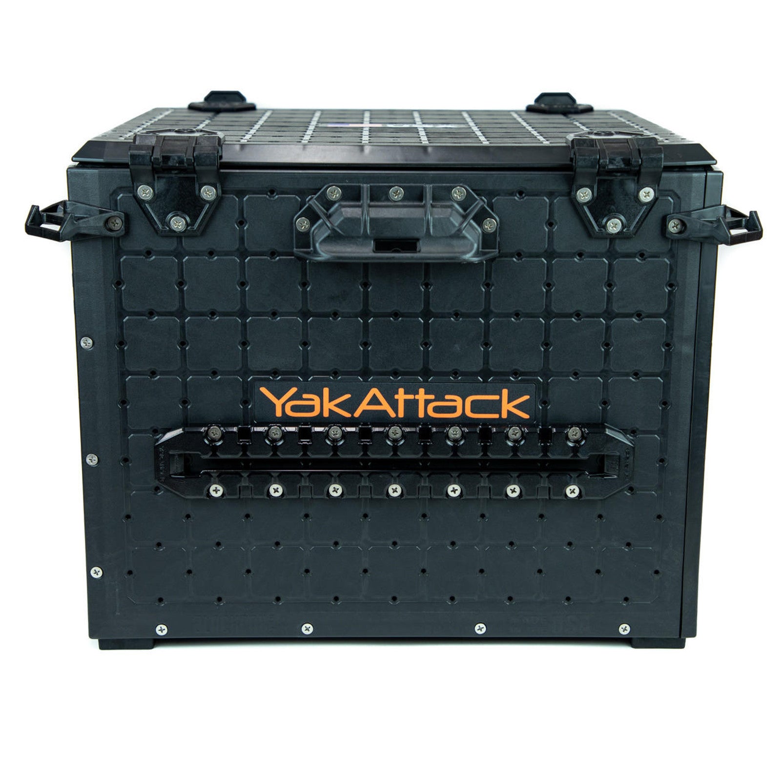A black storage crate with a textured surface, reinforced corners, latch closures, and front handle is compatible with the YakAttack GridLoc MightyMount XL and other YakAttack track accessories.