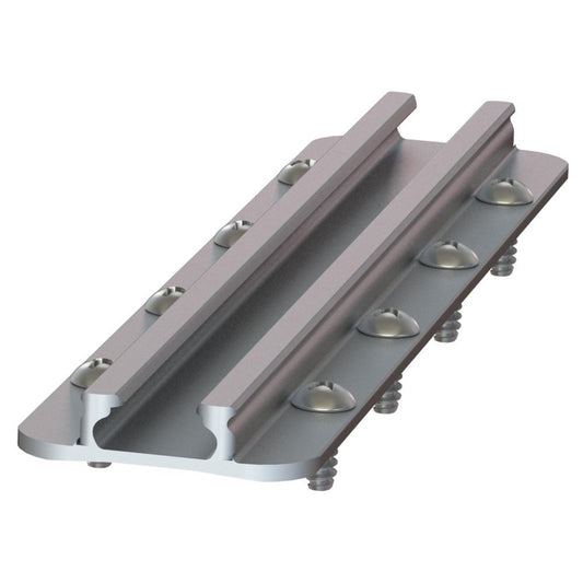 The YakAttack GearTrac is a silver metal linear rail mounting plate with a central groove and multiple bolts, ideal for industrial use or kayak mounting solutions, compatible with GearTrac accessory mounts and marine-grade tracks.