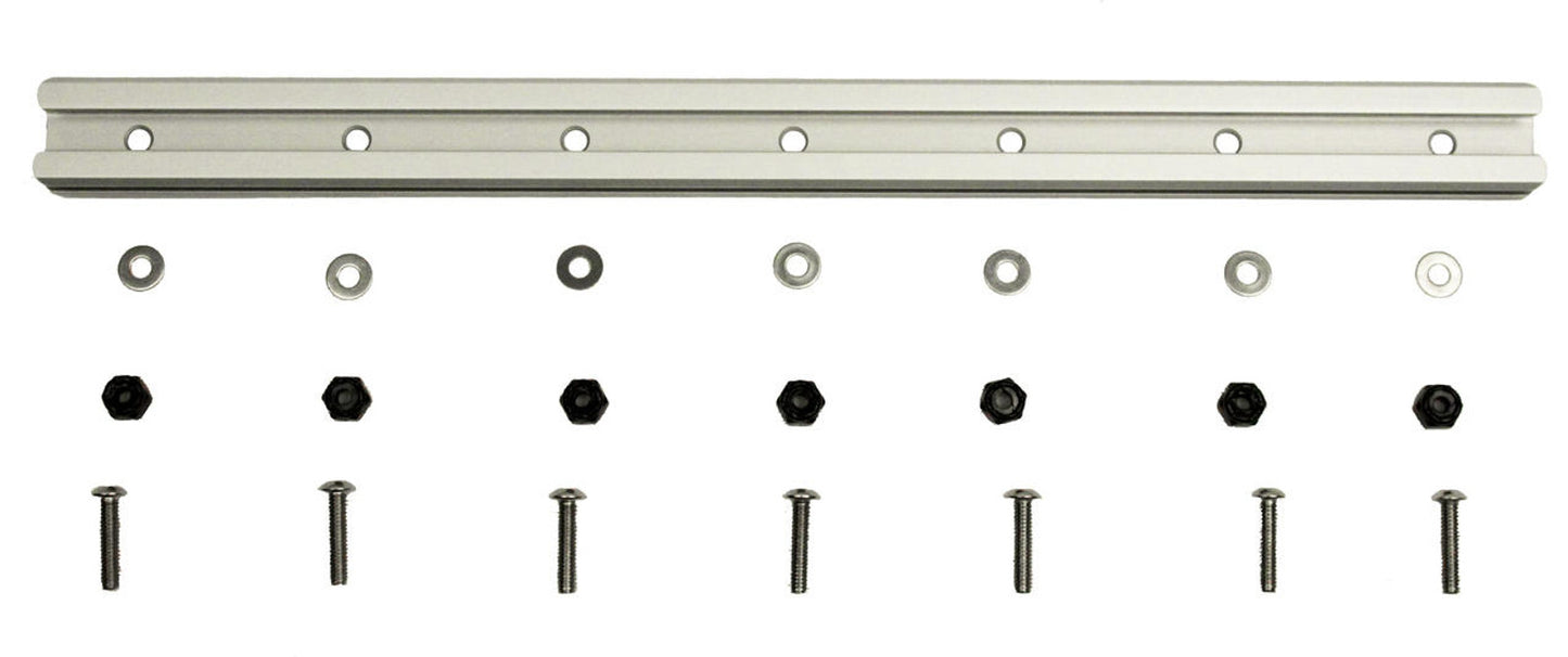 The YakAttack GearTrac is an aluminum rail with eight evenly spaced holes, ideal for kayak setups. Includes eight washers, hex nuts, and screws. Compatible with GearTrac accessory mounts for versatile installation options.