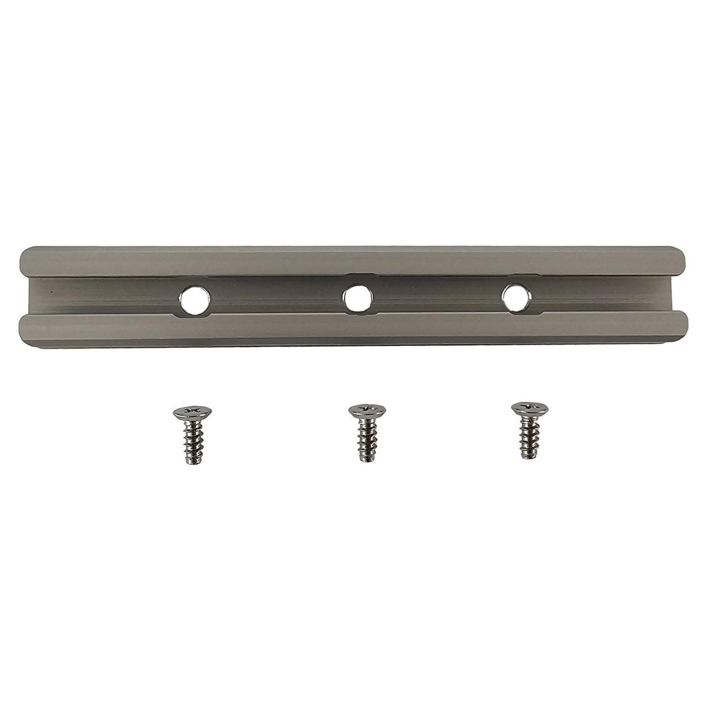 A YakAttack GearTrac metal mounting bracket with three holes and three matching screws is shown, ideal for kayak mounting solutions and compatible with GearTrac accessory mounts.