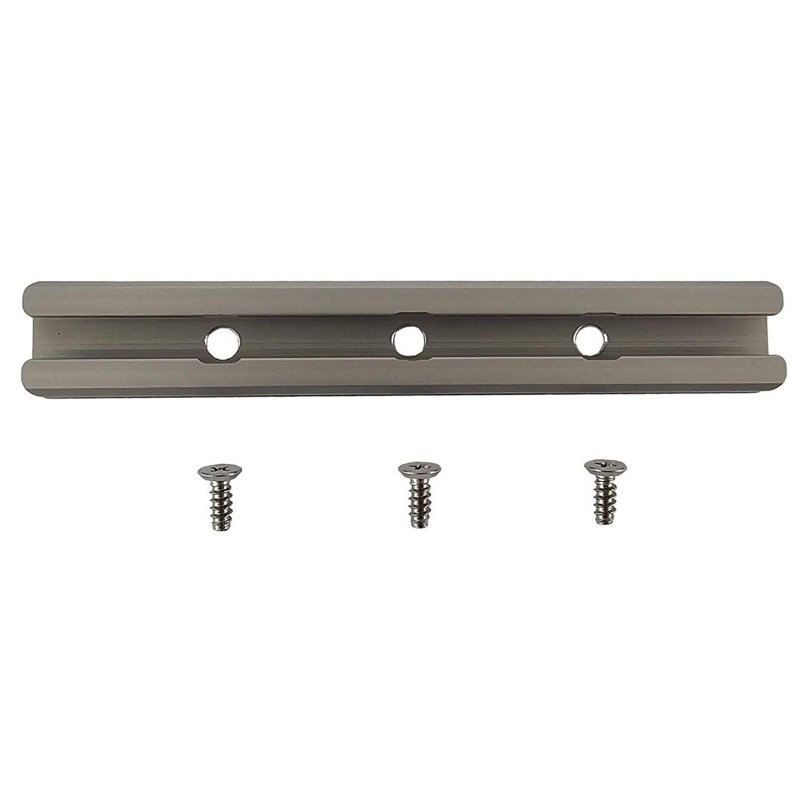 A YakAttack GearTrac metal mounting bracket with three holes and three matching screws is shown, ideal for kayak mounting solutions and compatible with GearTrac accessory mounts.