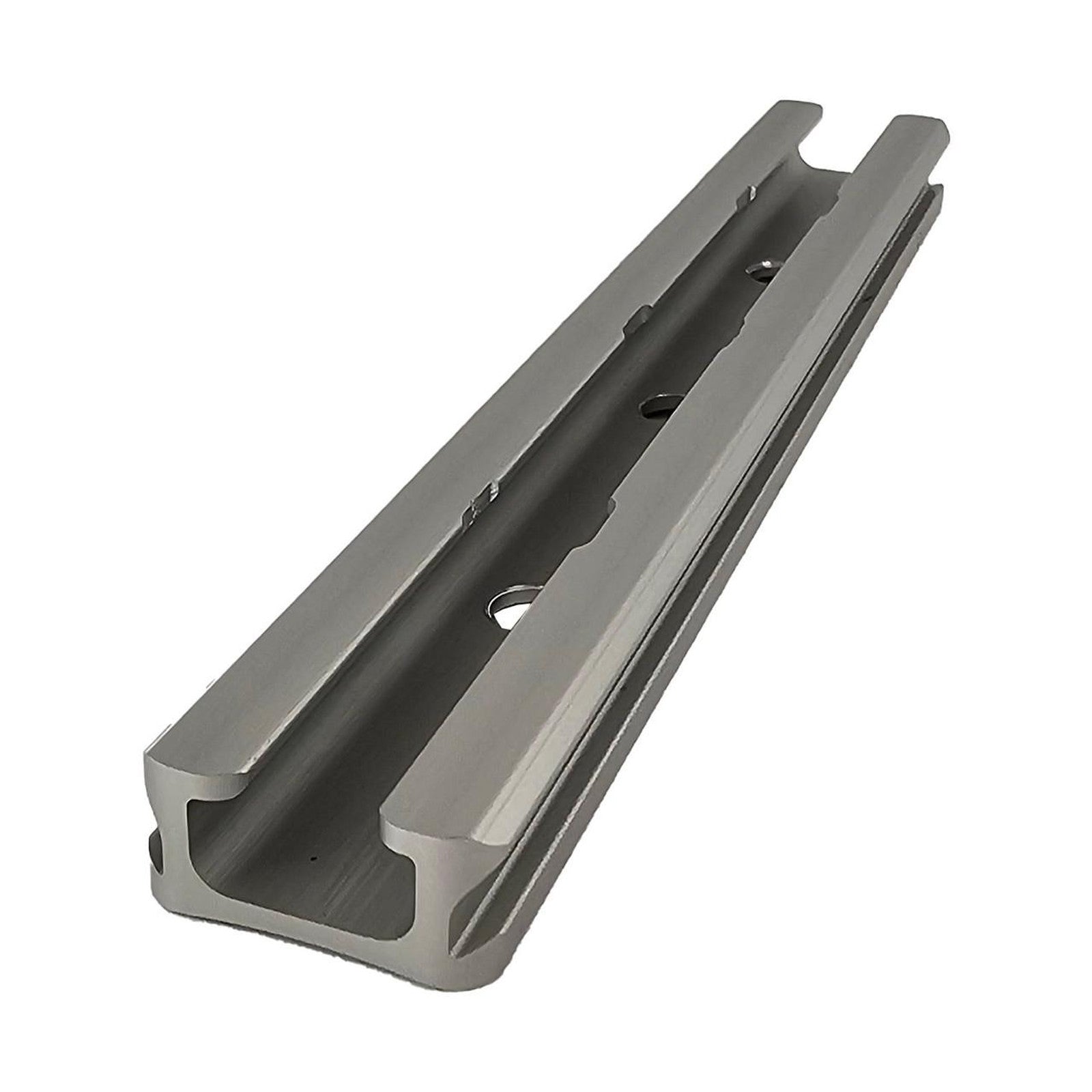 The YakAttack GearTrac is a silver metal linear rail with a U-shaped channel and evenly spaced mounting holes, perfect for mounting accessories and kayak gear solutions.