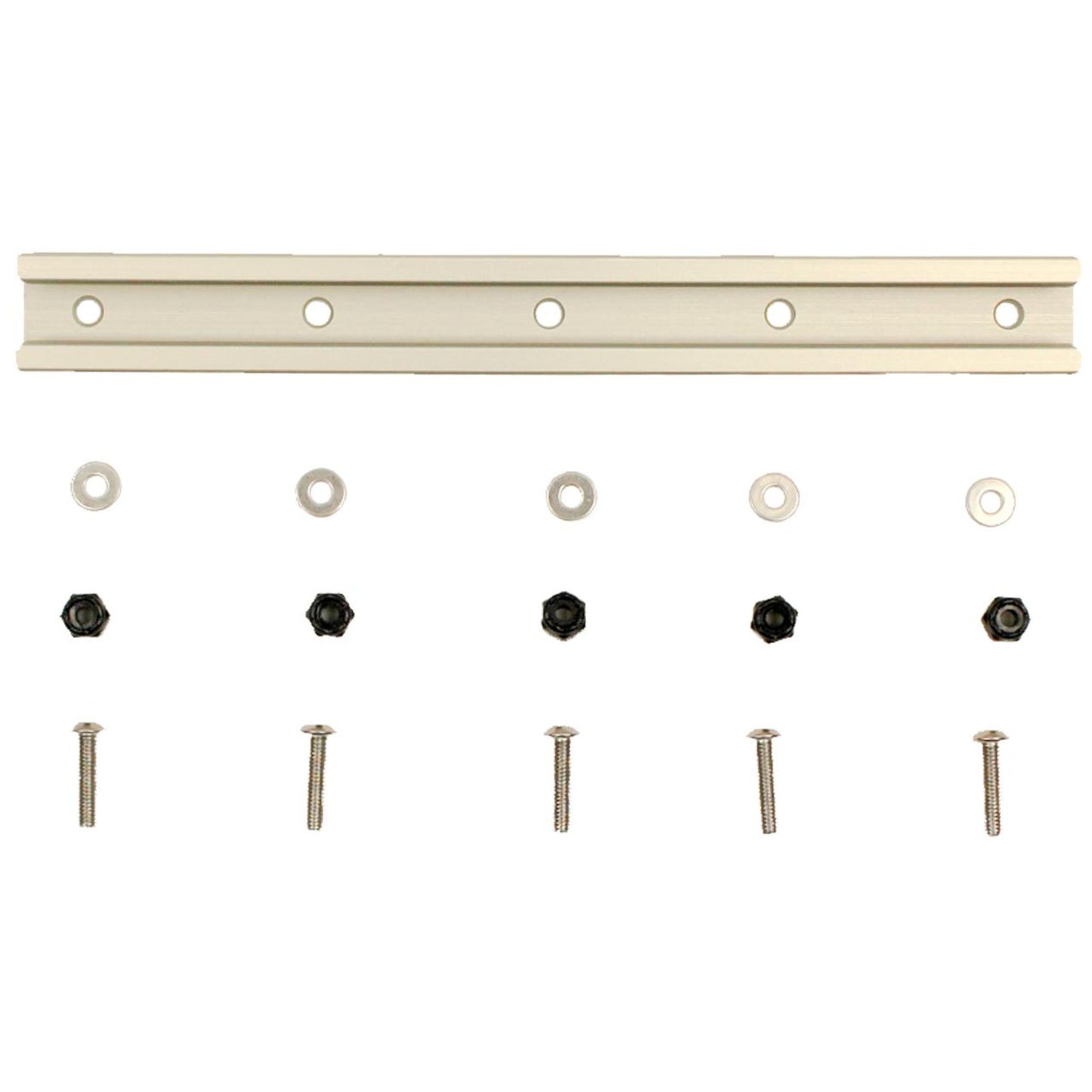 The image shows a YakAttack GearTrac metal mounting rail with six holes, plus six washers, four nuts, and four screws—ideal for secure kayak mounting using marine-grade accessory tracks.