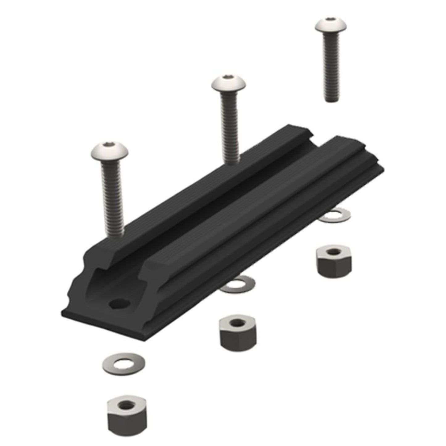 Black mounting bracket with three screws, washers, and nuts in an exploded view above the bracket—perfect for kayak setups or use with YakAttack GearTrac accessory mounts.