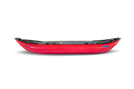 Gumotex Baraka Inflatable Canoe viewed from the side against a white background, featuring a self-bailing bottom perfect for white water adventures.