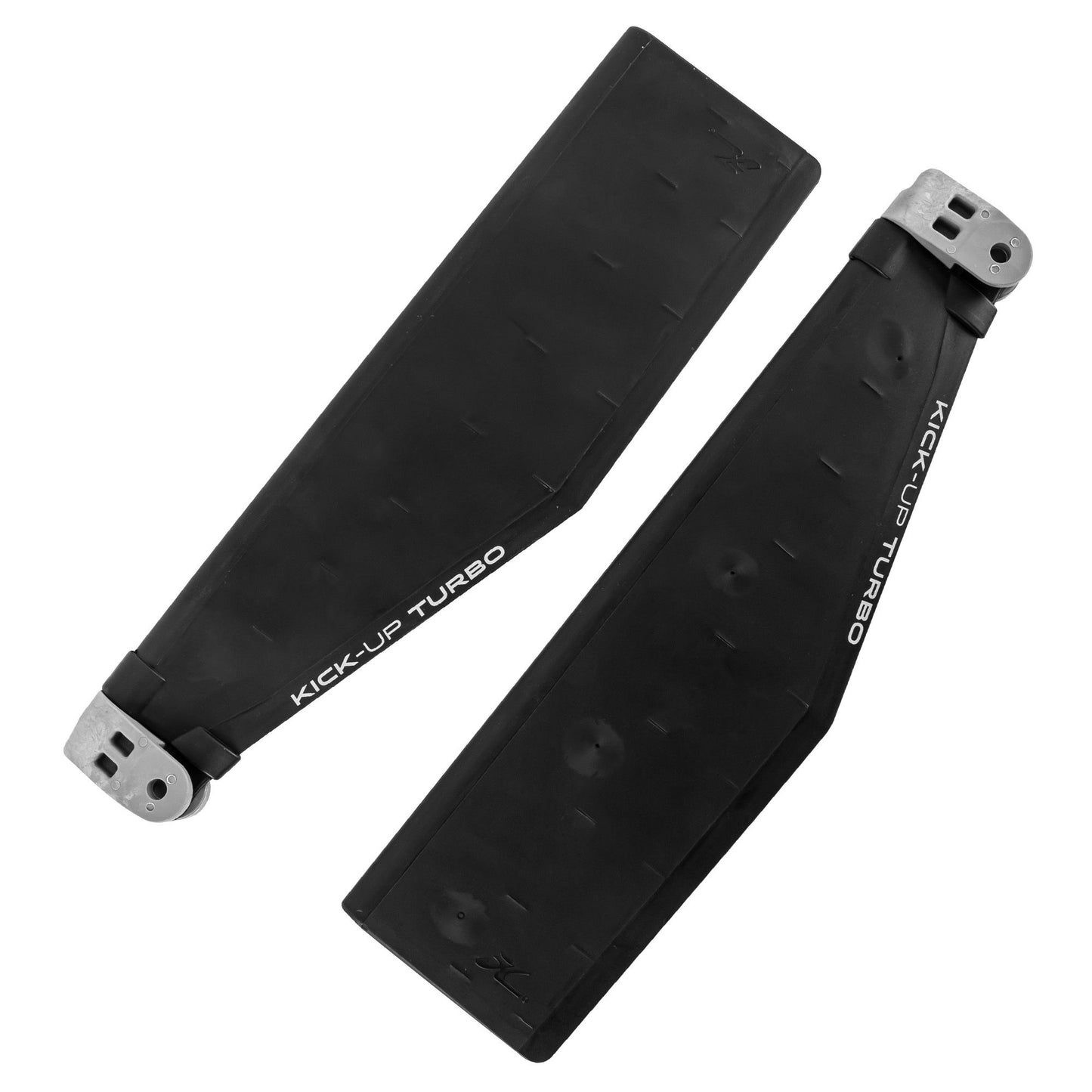 Two black rotor blades labeled "Turbo Kick Up," featuring silver-colored attachments, are displayed on a white background, reminiscent of the streamlined engineering seen in the Hobie Turbo Kick Up Fin Kit.