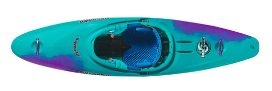 Top view of a Pyranha InaZone kayak in turquoise and purple, featuring an open cockpit, seat, footrests, and "Pyranha" branding on the bow and sides.