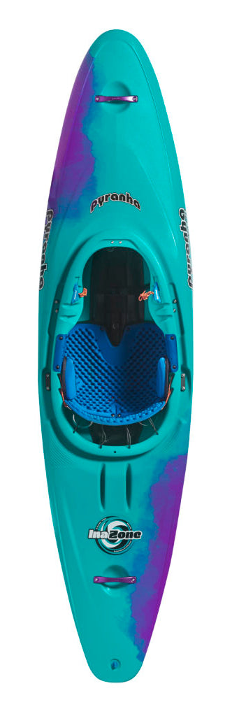 Top view of a Pyranha InaZone kayak in turquoise and purple, featuring an open cockpit, seat, footrests, and "Pyranha" branding on the bow and sides.