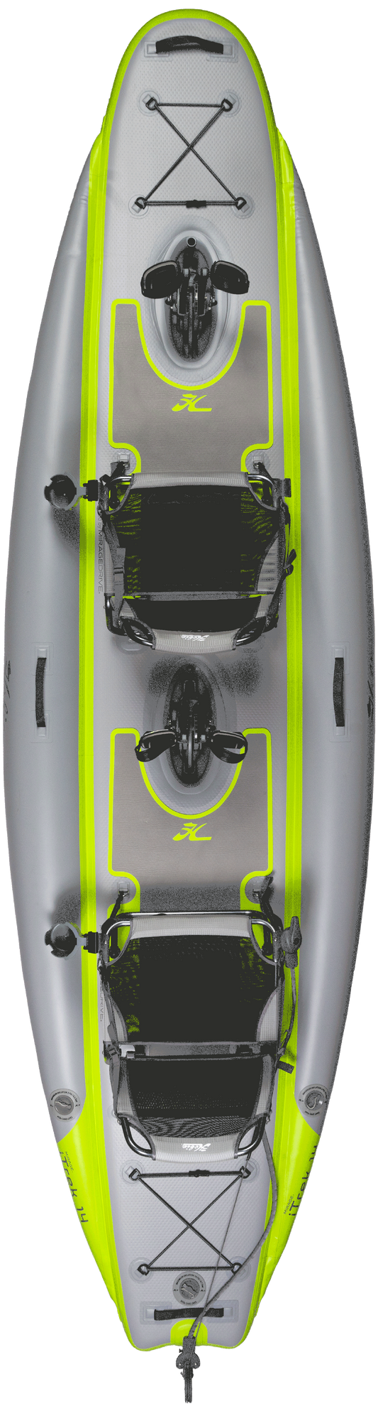 Top view of the Hobie Mirage iTrek 14 Duo, an inflatable tandem pedal drive kayak in gray with two seats, neon yellow accents, Mirage Drives with Kick-Up Fins, and multiple strapping cords for securing equipment.
