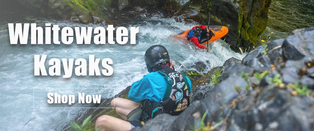 photo of whitewater kayaker boofing off waterfall drop with another kayaker taking photo of him. Kayak is a pyranha firecracker, lifejackets worn in the image are Astral Greenjackets. text over image says "whitewater kayaks, shop now"
