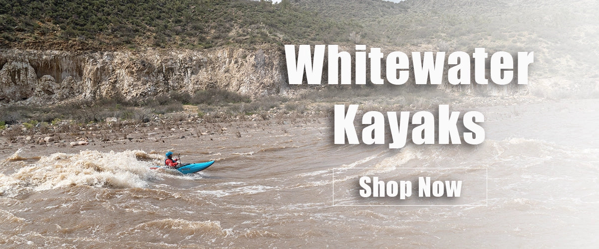Kayaker surfing wave in Ledges Rapid on the Salt River in Arizona. Paddling the Pyranha Scorch X Kayak. Text says "whitewater kayaks", textbox says "shop now".