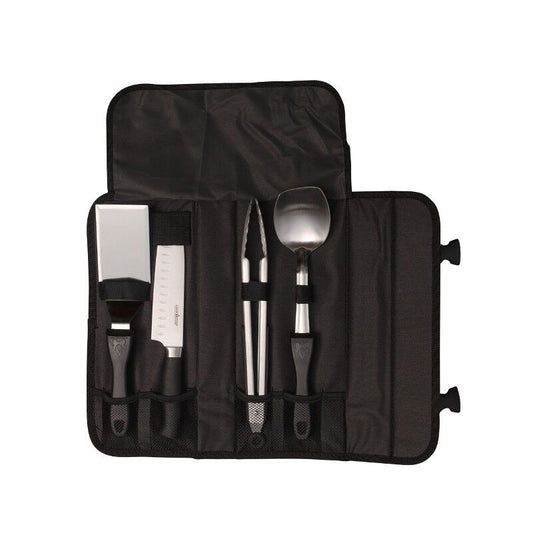 A set of Camp Chef's All Purpose 5-Piece Chef's Tool Set in a black case.