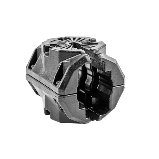 The YakAttack MightyMount Duo Rail Adapter, a black plastic threaded pipe fitting and kayak accessory mount, features angular edges and an open cylindrical interior, as shown on a white background.