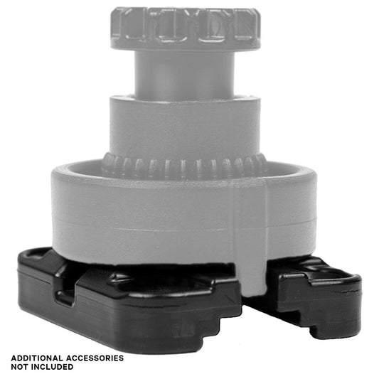 A close-up of the YakAttack MightyMount II shows its cylindrical top and rectangular black base. Text reads "ADDITIONAL ACCESSORIES NOT INCLUDED." Perfect as a kayak accessory mount.