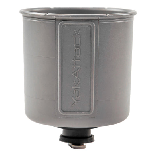 The YakAttack MultiMount Cup Holder, in gray with a round shape and bottom mount, is designed for kayak track systems—an ideal accessory to keep your drink secure during outdoor adventures.