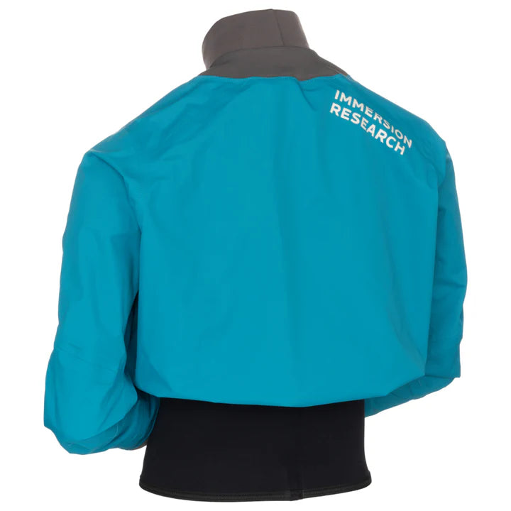 Back view of a blue waterproof jacket with a black waist area, featuring the text "IMMERSION RESEARCH" printed in white on the upper back. This lightweight Nano Long Sleeve Paddle Jacket by Immersion Research is constructed from durable polyester ripstop and includes a breathable shell for optimal comfort.