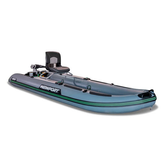 The Newport NS130 Inflatable Skiff is a single inflatable fishing kayak featuring a raised seat, catamaran hull, and mounted motor—ideal for fishing trips, with "Newport" displayed on the side.