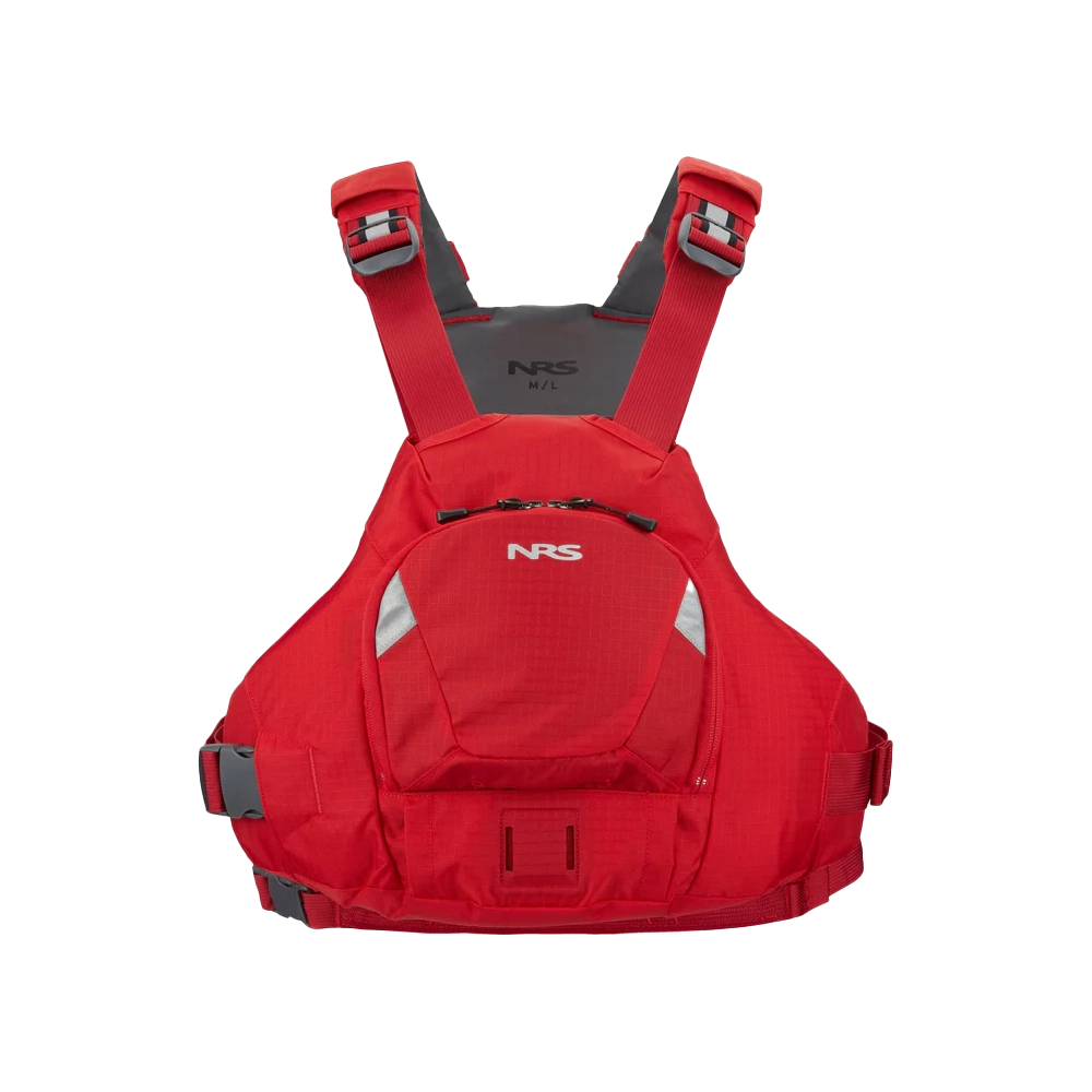 Red **NRS Ninja PFD** with grey trim and adjustable straps, featuring a front pocket and **NRS** logo on the chest. This paddlers performance jacket is designed with an advanced flotation design for optimal comfort and safety.