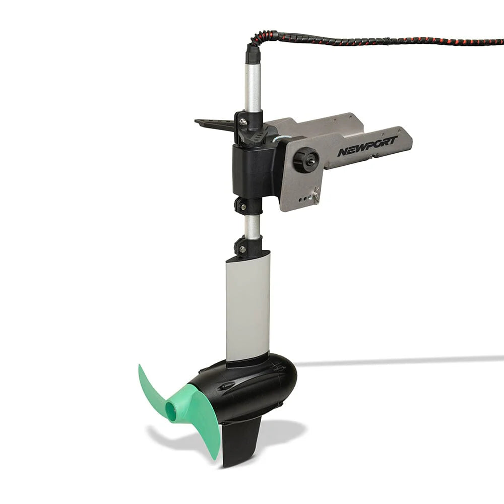 The Newport NK300 Motor + 36V50 LoPRO Battery Bundle includes a gray vertical shaft, black mounting bracket, and teal propeller. The black and red cable on top complements its optimal performance.