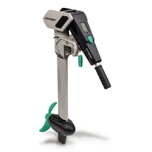 The Newport NT300 Motor + 36V40ah Battery Bundle features a black and silver electric outboard motor with a digital display, green propeller, and lithium battery, displayed on a white background.