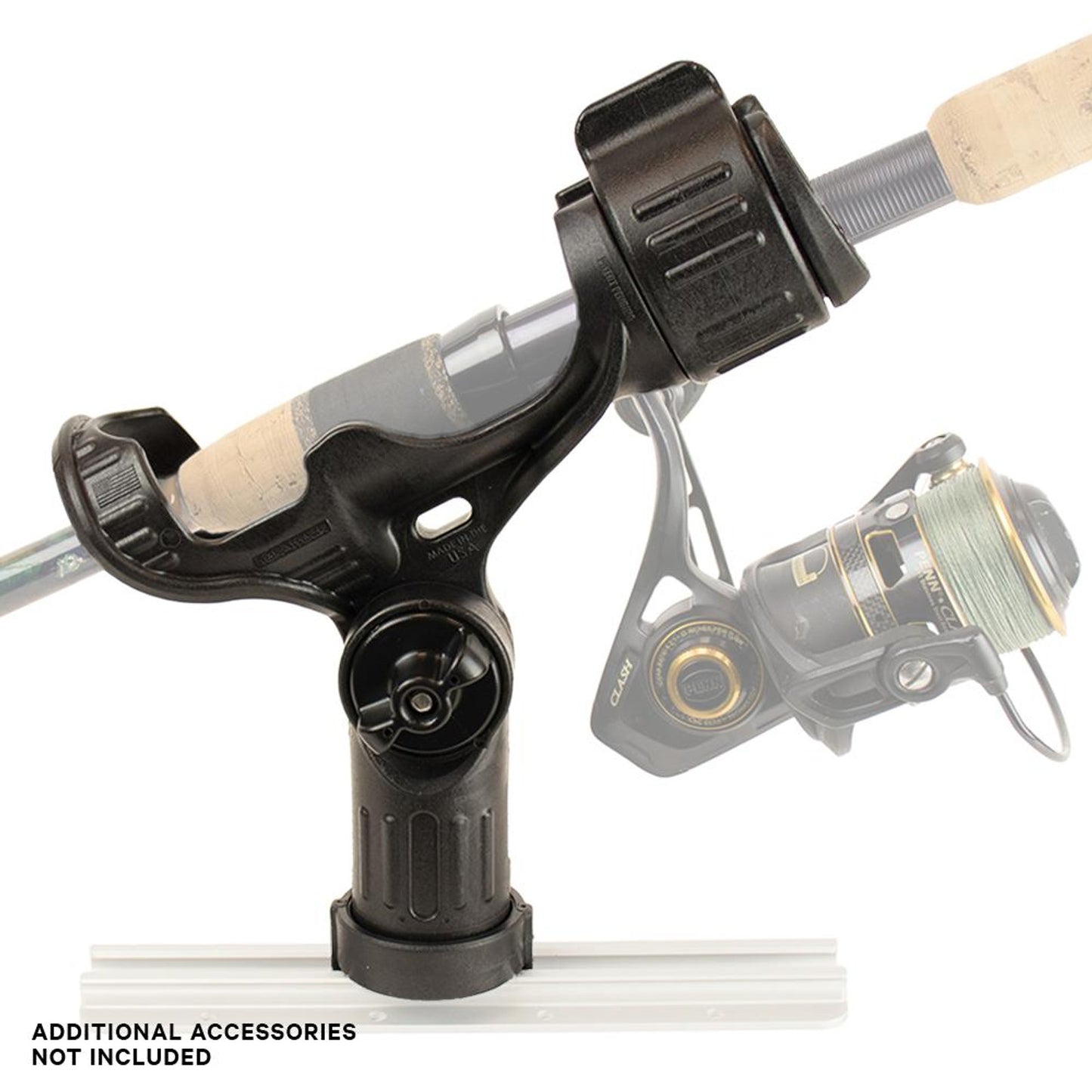 The YakAttack Omega Universal Rod Holder in black, featuring a no-slip base, is mounted on a rail and holds a fishing rod securely; note that additional accessories are not included.