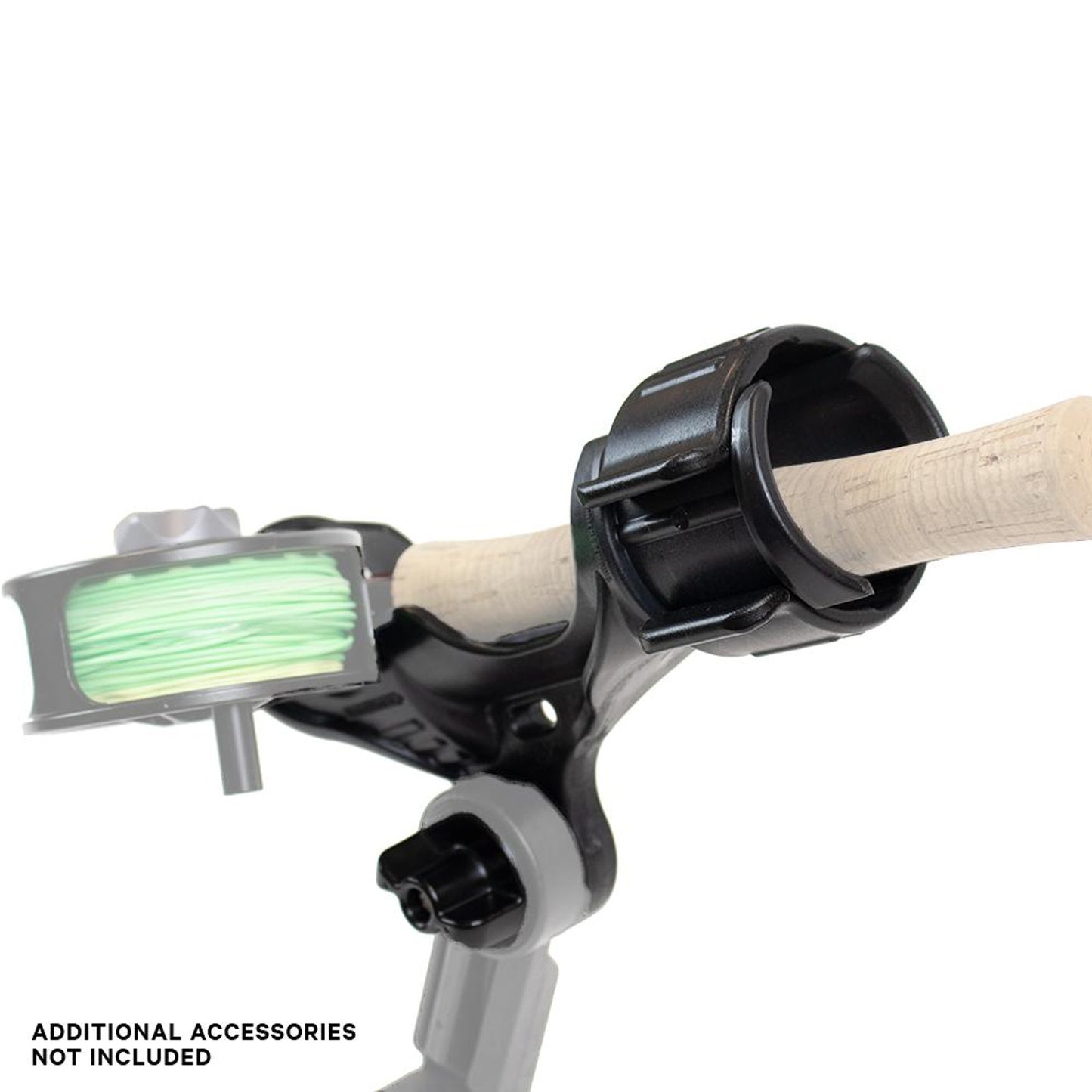 A close-up of a YakAttack Omega Universal Rod Holder mounted on a black support with a spool of green fishing line attached. Text at the bottom: "Additional accessories not included.