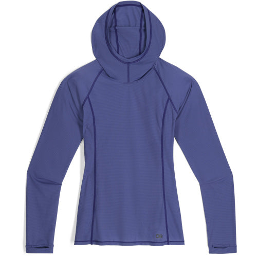 The Outdoor Research Echo Hoodie - Women's is a purple, long-sleeve, hooded ultralight base layer with UPF 15 sun protection, shown laid flat on a white background—ideal for active days outdoors.