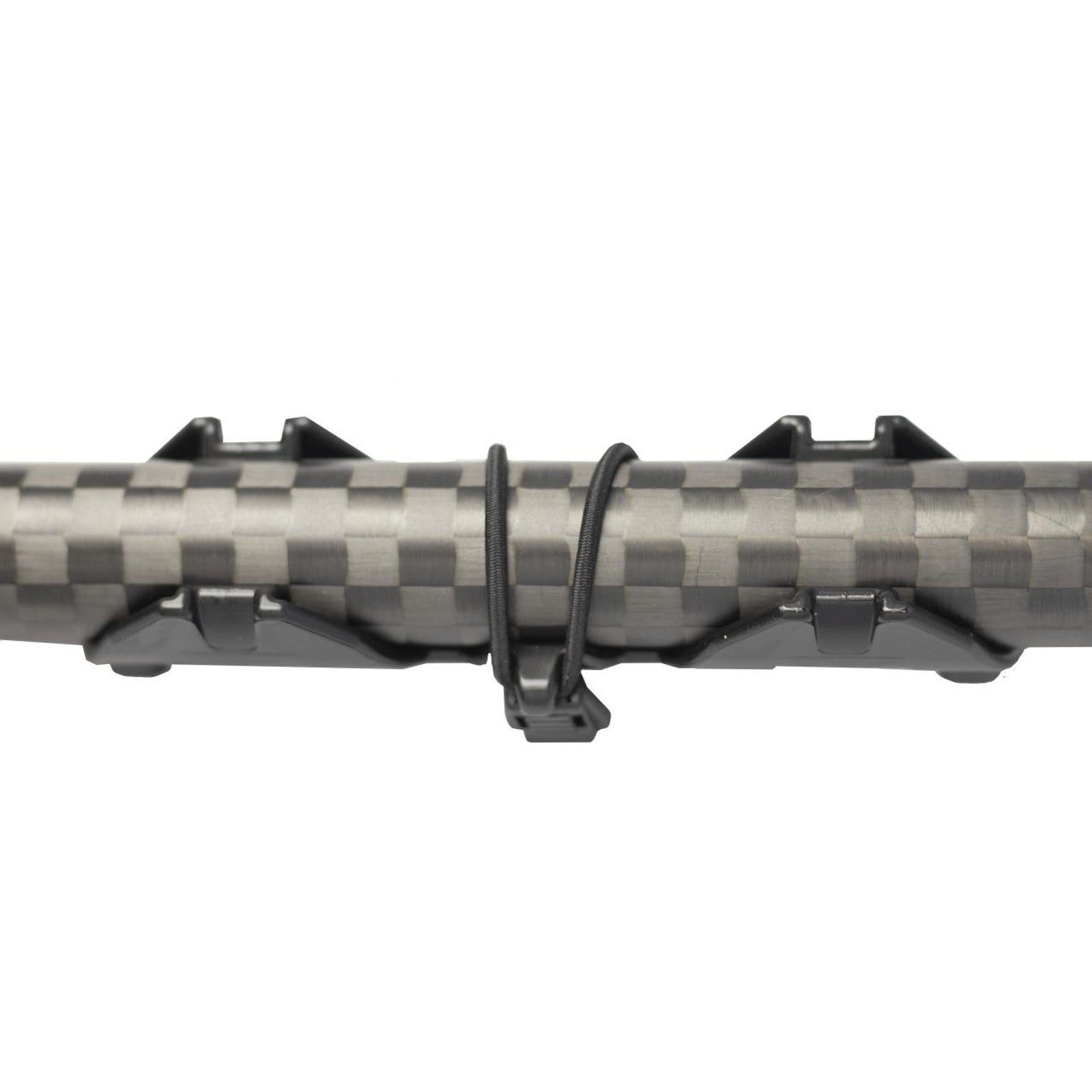 Close-up of a YakAttack PadLoc Paddle Holder—a key kayak paddle accessory—securing a cylindrical carbon fiber rod with three black plastic clamps and a cable tie.
