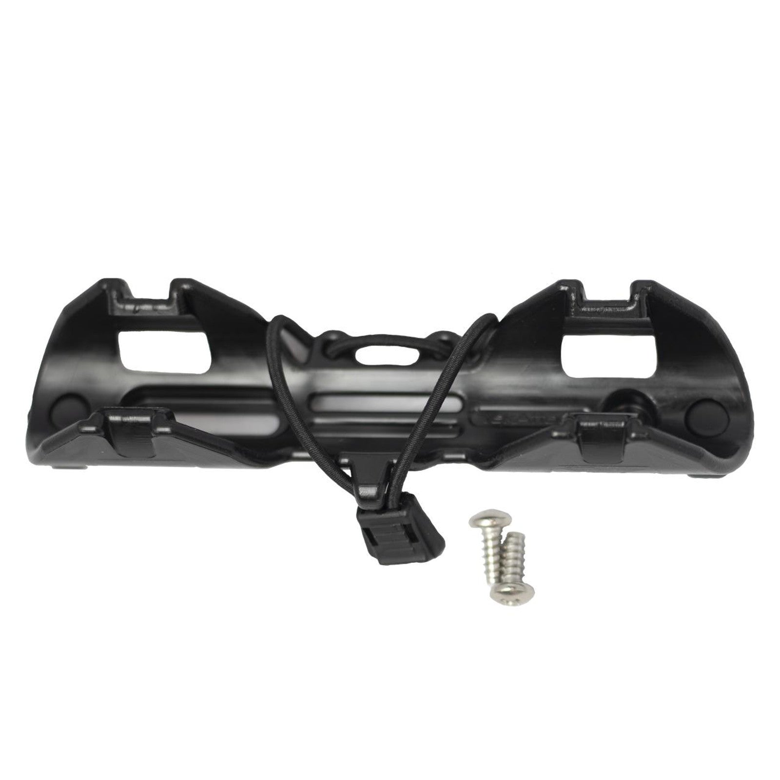 YakAttack PadLoc Paddle Holder in black plastic, with attached strap and two silver screws, displayed on a white background—a practical kayak paddle accessory.