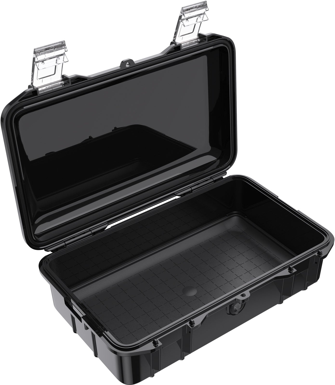 The Pelican M60 Dry Case, shown open in black with a grid-patterned interior and two metal lid latches, offers waterproof durability and compact protection for your gear.