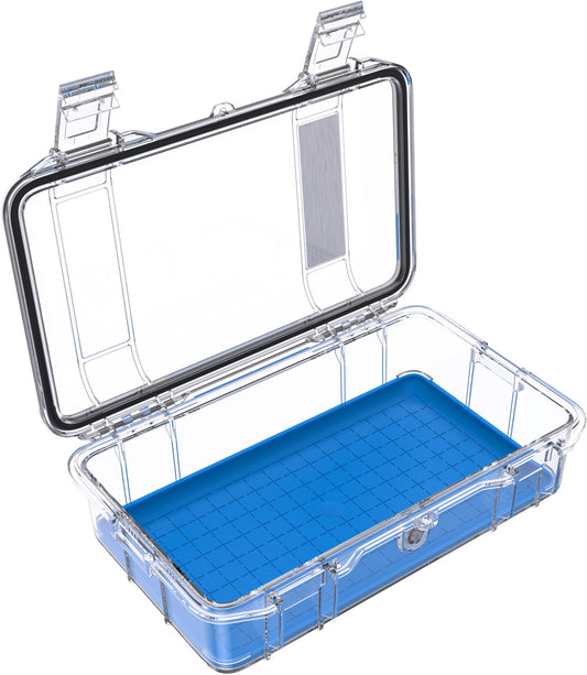 The Pelican M60 Dry Case is a compact, clear waterproof case with a blue textured liner and silver latch for reliable gear protection.
