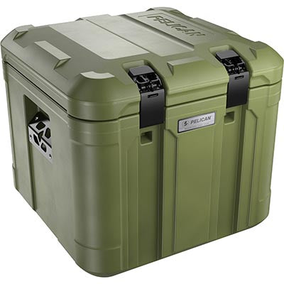 The Pelican TX50 Adventure Case is an olive green hard-sided cooler with metal handles and two black front latches, providing rugged protection for your outdoor gear.