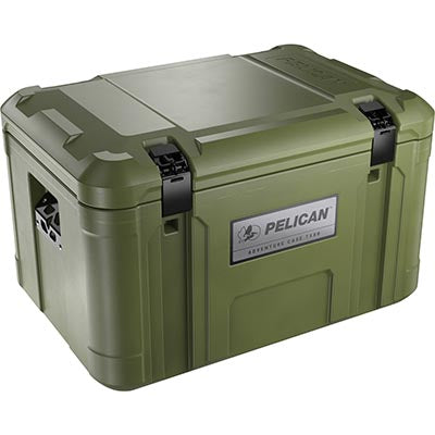 Pelican TX80 Adventure Case in olive green with black latches and side handles, shown closed at an angle—rugged rotomolded design provides weather-resistant outdoor gear protection.