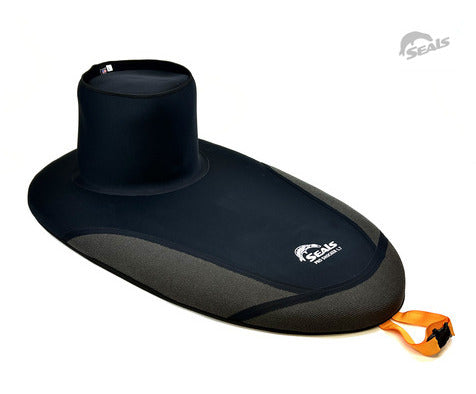 The Seals Pro Shocker Skirt is a black neoprene kayak skirt with a high tunnel, Kevlar-reinforced edges, an orange grab loop, and displays the Seals logo.