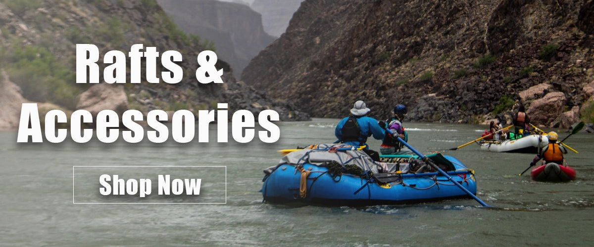 photo of two rafts and an inflatable kayak rafting in the grand canyon. text over image says "rafts & accessories, shop now"