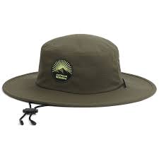 The Heyday Boonie Hat by Outdoor Research is an olive green wide-brimmed hat featuring a drawstring and a logo with a mountain and sunburst.