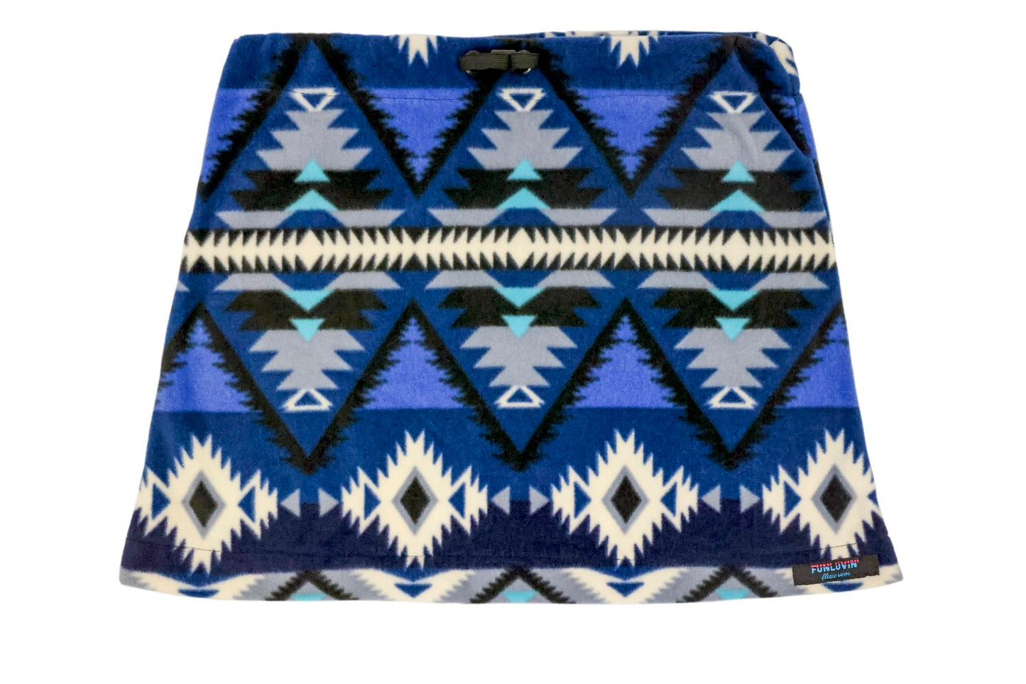 The FunLuvin' Fleece Skirt by FunLuvin' Fleecewear is a blue and white skirt showcasing a geometric pattern with black and turquoise accents, equipped with a comfortable elastic waistband for easy wearing.