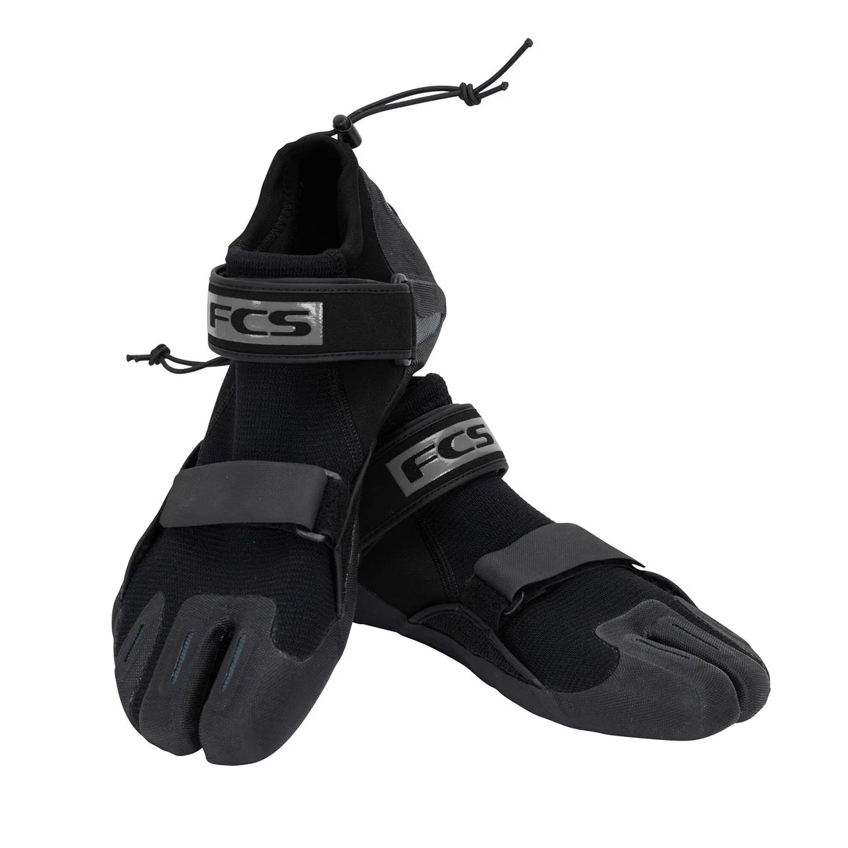The FCS SP2 Reef Bootie is a black split-toe surf boot with ergonomic Velcro straps and drawstring closures, perfect for reliable reef protection.