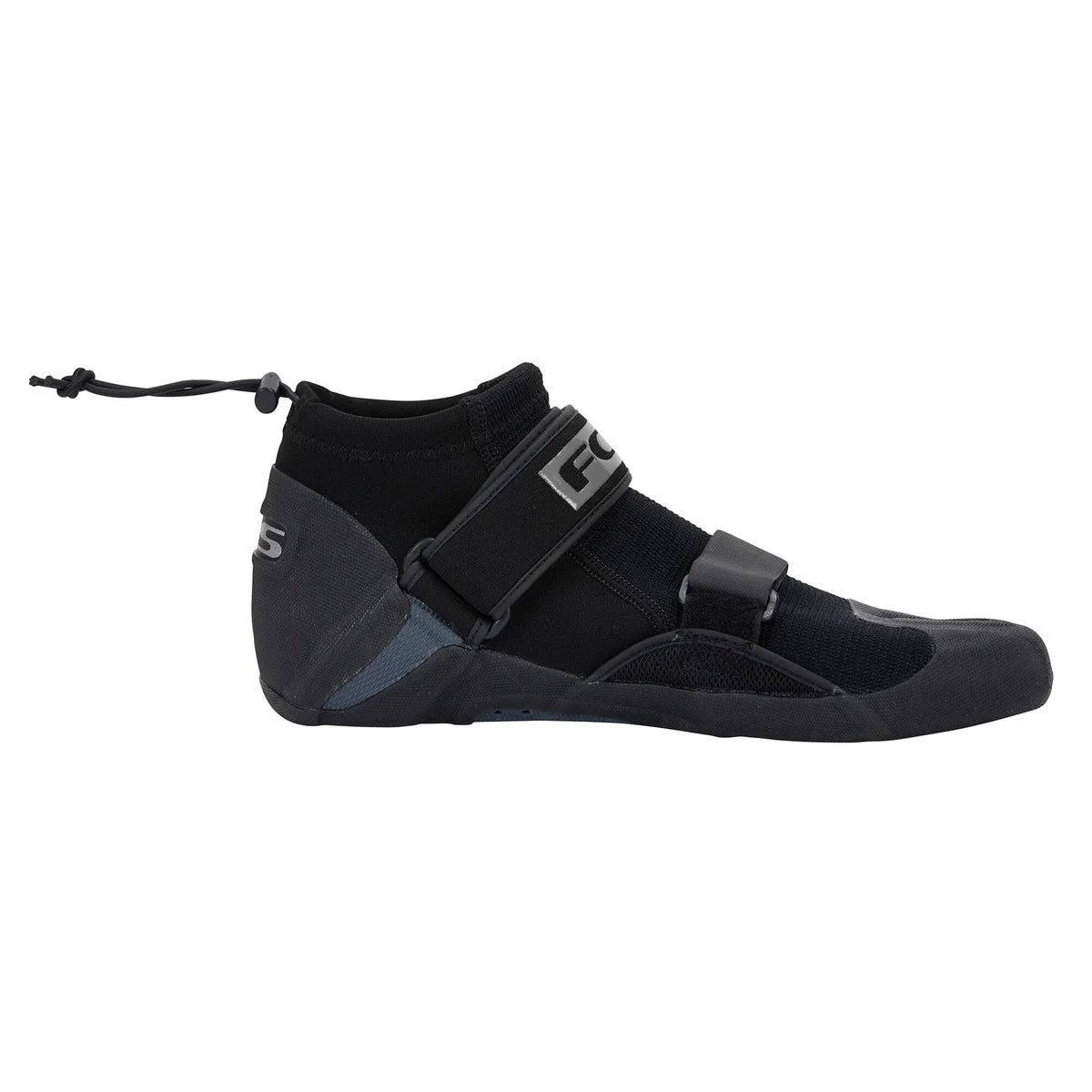 The FCS SP2 Reef Bootie is a black neoprene boot with two Velcro straps, an ankle drawstring, and side FCS branding. Ergonomically designed for comfort and support in any surf conditions.
