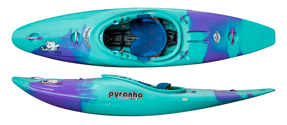 The Pyranha Ripper 2 river running play kayak, shown in turquoise and purple from top and side views, features a seat, foot braces, increased bow rocker, and visible Pyranha branding.