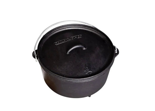 The Camp Chef Dutch Ovens, with a black cast iron build, pre-seasoned finish, lid, and metal handle, is displayed against a white background.