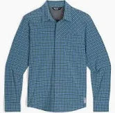 The Astroman L/S Sun Shirt - Mens by Outdoor Research features a blue and black checkered design, long sleeves, collar, and button-down front on a white background.