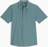 The Astroman Air SS Shirt from Outdoor Research is a short-sleeve button-up in solid teal, featuring a standard collar and single chest pocket.