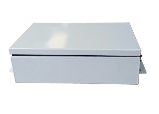 The Rio Craft Powder Coated Side Wing Box is a plain, closed rectangular metal box with a smooth, light gray finish, ideal for raft storage or as a side wing box on your river gear setup; shown against a white background.