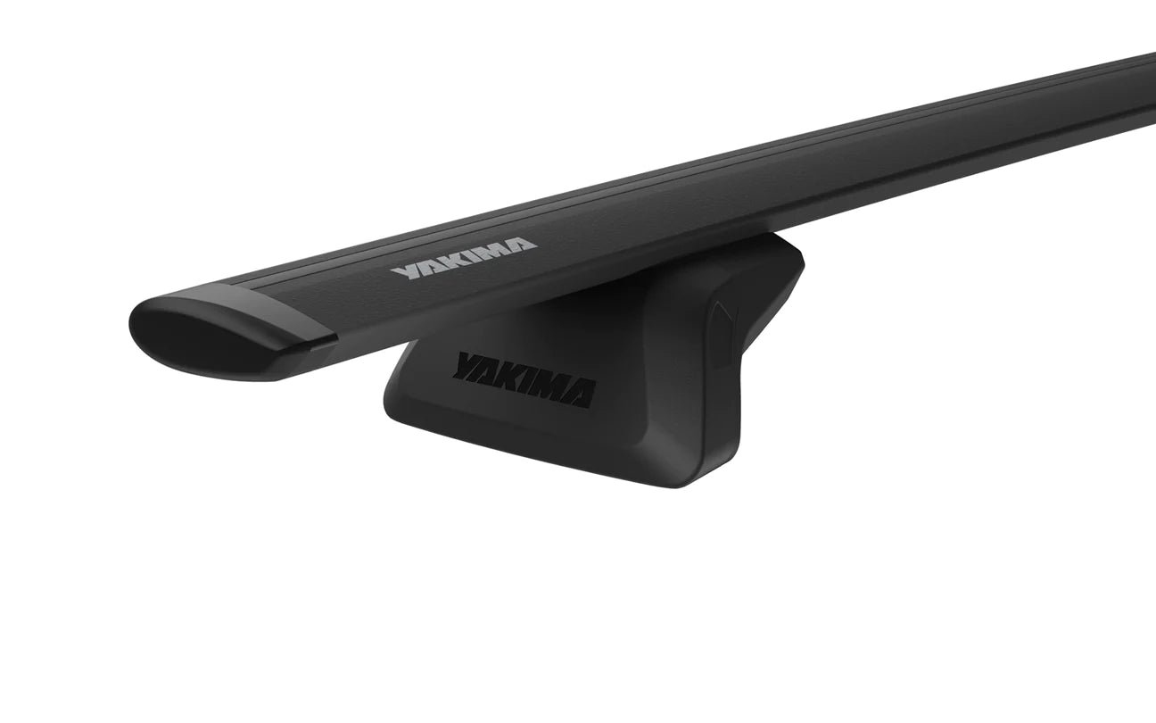 Close-up of a Yakima vehicle roof rack crossbar with Yakima SightLine Towers flush-mount on factory side rails.