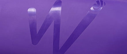 A stylized “W” appears on a purple surface, ending in a spiral that echoes the dynamic curves of the Stoke creek boat by Waka Kayaks.