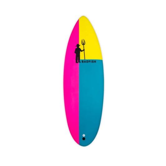 The Badfish Wave Farmer is a colorful river surfing surfboard with four quadrants in pink, yellow, teal, and blue, featuring a black trident-wielding figure logo and the text "BADFISH Wave Farmer.