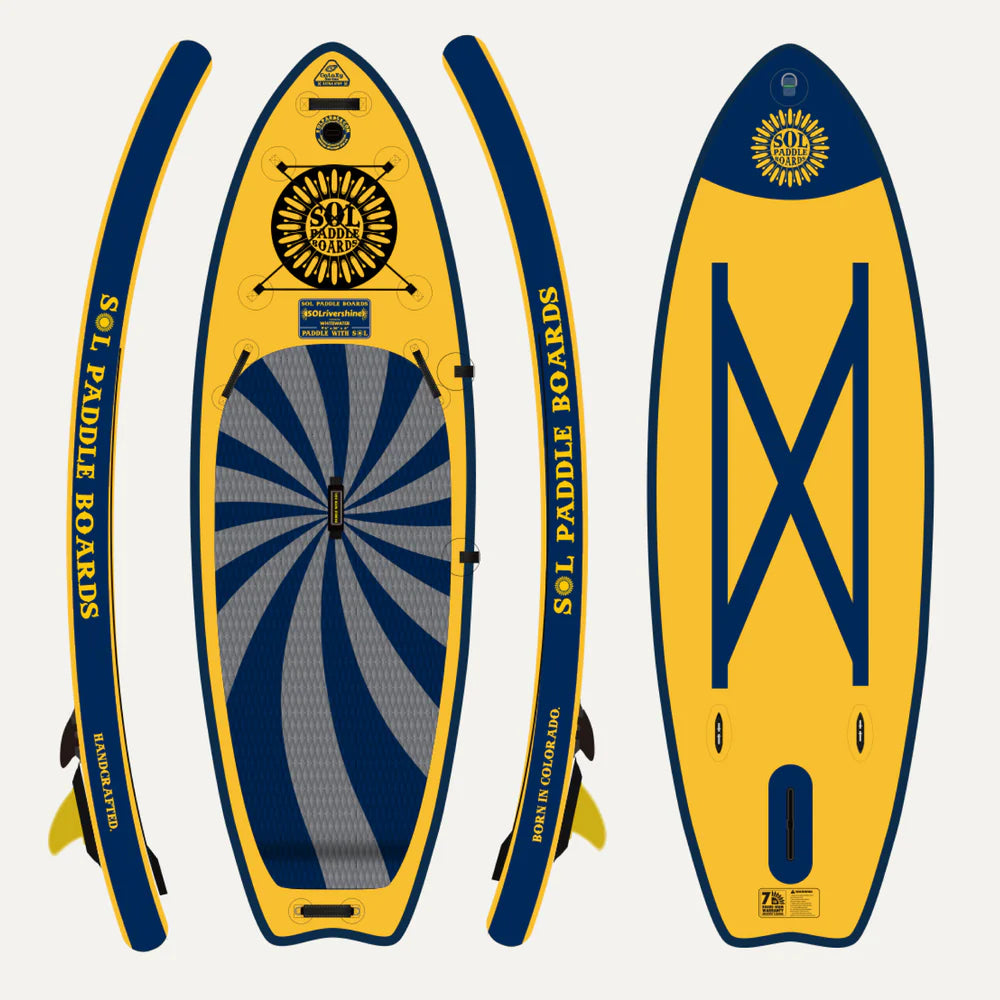 The GalaXy SOLrivershine, a yellow and blue inflatable paddle board by SOL Paddle Boards, features a sunburst design, carry handle, and inflation valve. Its Switchblade Retractable Fin System ensures versatility for river SUP adventures. Views include front, side, and bottom.