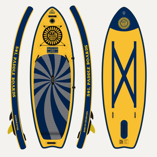 The GalaXy SOLrivershine, a yellow and blue inflatable paddle board by SOL Paddle Boards, features a sunburst design, carry handle, and inflation valve. Its Switchblade Retractable Fin System ensures versatility for river SUP adventures. Views include front, side, and bottom.
